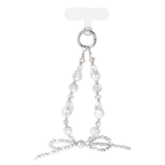 Beaded Phone Wrist Strap Cute, Phone Charms Strap with Tether Tab, Aesthetic Phone Lanyard Wrist Phone Chain, Phone Keychain Bow Phone Charm Grip Strap Sparkling Wristlet Bracelet for Women, Silver