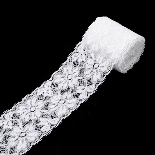 White Lace Ribbon, 2.36" X 5.4 Yards Lace Trim Ribbon, Delicate Crown Ribbons, Elastic Stretchy Laces Fabric for Trimmings Sewing Gift Wrapping DIY Crafts Baby Shower Wedding Bouquet Cloth