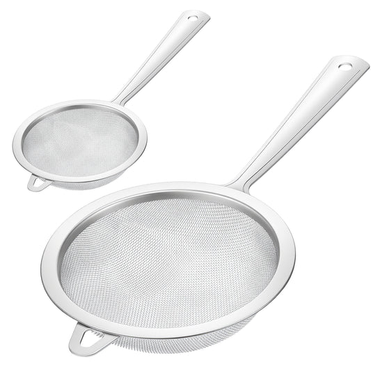 Fine Mesh Stainless Steel Sieve Colander - 2 Pack, Large and Small Fine Mesh Skimmer Spoon Strainer for Cooking Oil Filter, Skimmer Spoon for Grease Foam Removal, Kitchen Food Strainer