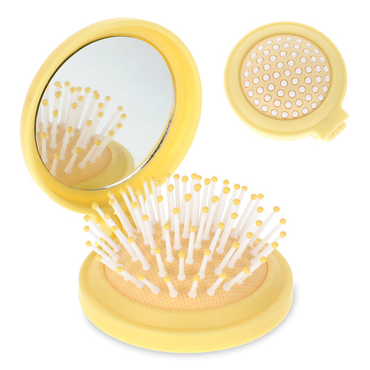 Compact Travel Brushes for Hair, Folding Mini Hair Brush Travel Hair Brush with Small Mirror, Foldable Mini Round Pocket Brush Mini Massage Comb Purse Mirror Portable Hair Brush for Women (Yellow)