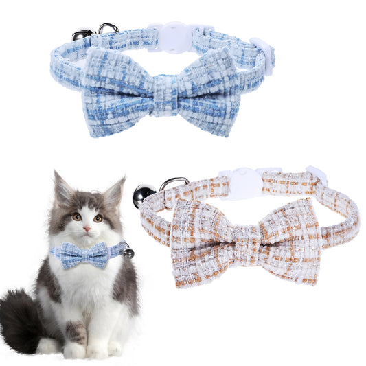 Cat Bowtie Collar, 2 Pcs Breakaway Cat Collars Cute Cat Collar with Bells Adjustable Kitten Collar for Pet Puppy Boy and Girl Cats Kittens Daily Festivals (Khaki, Blue)