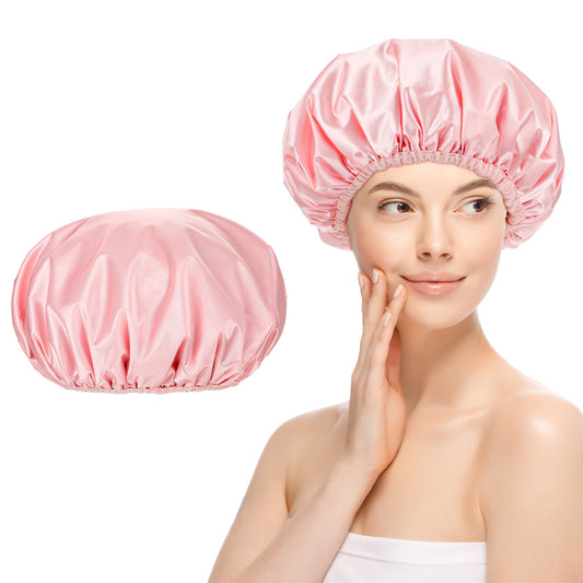 Shower Cap Reusable Shower Cap for Women Double Layer Waterproof Hair Cap Large Bath Hair Cap for Girls Spa Home Salon Use, All Hair lengths (Pink)