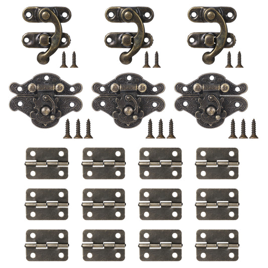 18 Sets Jewelry Box Hinges and Latches, Retro Hinges for Wooden Box Vintage Bronze Hinge with Matching Screws Antique Engraved Decorative Hinge for Cabinet Furniture Hardware