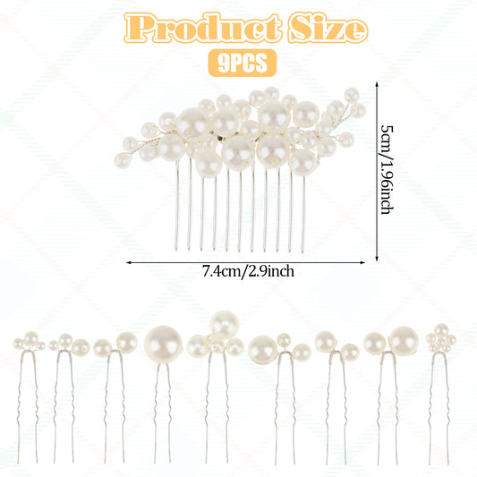 Wedding Hair Pieces for Brides, Pearl Hair Comb Set of 9 Pearl Hair Pins Bridal Hair Comb Pearls for Hair Pearl Hair Accessories Wedding Pearl Hair Side Comb for Brides Bridesmaids Women Girls