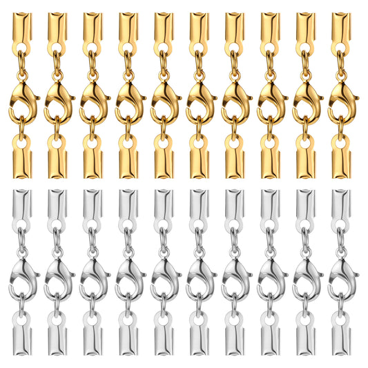 20 Pcs Lobster Claw Clasps with Cord Ends, Copper Jewelry Connector Clasp Caps for Leather Cord, Ribbon, DIY Bracelets Necklace Jewelry Making, 3.5 x 9 mm/ 0.14 x 0.35 Inch (2 Colors)