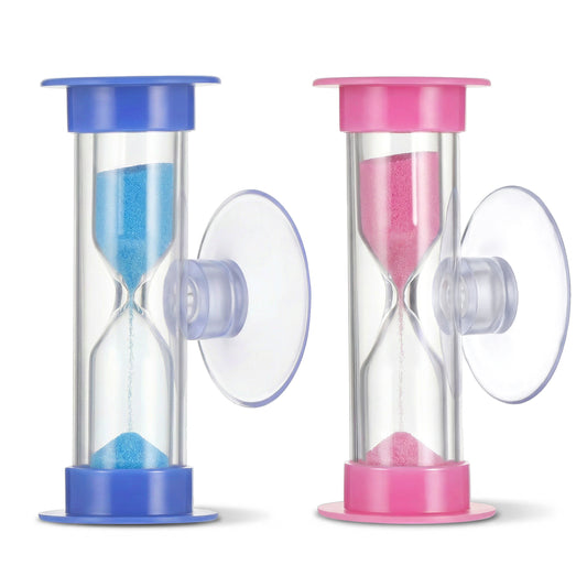 2 Minute Hourglass Sand Timer with Suction Cup, 2-Pack Unbreakable Plastic Mini Sand Clock, Rotatable Sucker Timer for Kids Toothbrush Brushing, for Classroom Games Kitchen Cooking (Blue and Pink)