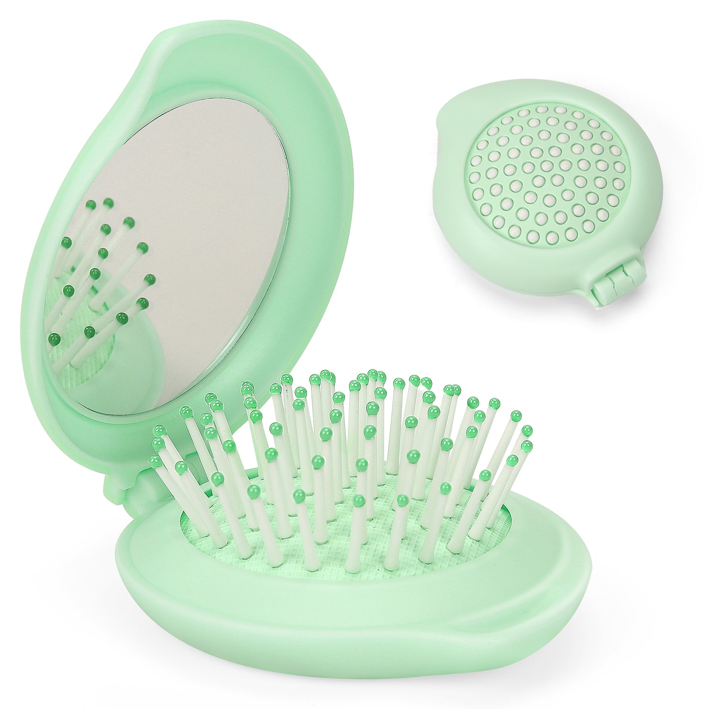 Small Hair Brush, Mini Folding Hair Brush with Mirror Pocket Comb Hair Massage Comb Portable Travel Size Hairbrush Compact Round Hair Brush for Women Curly/Wet Hair, Exquisite Hair Styling Tool (Blue)