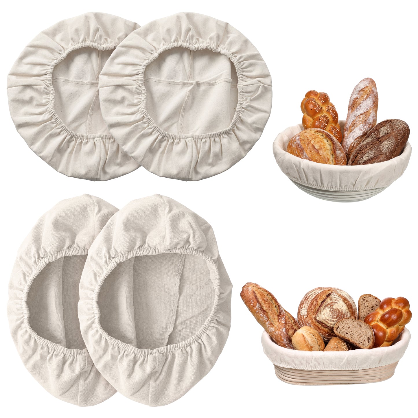 4 Pcs Banneton Liner, 2 Styles 10 Inch Cloth Bowl Covers for Bread Proofing Cover Reusable Natural Rattan Proofing Cloth Banneton Covers Sourdough Cover for Bakery Home Baking (2Round & 2Oval)