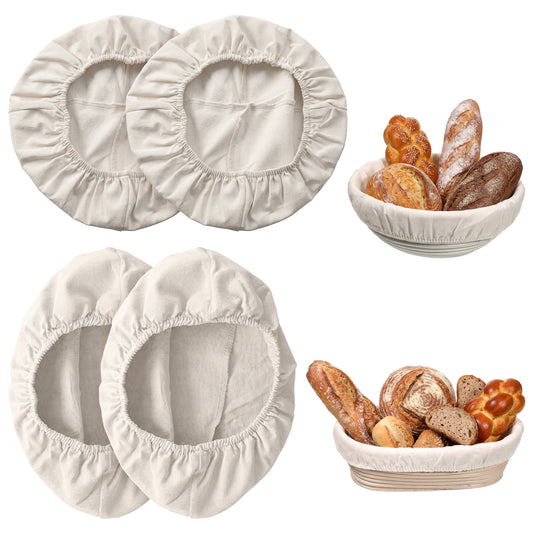 4 Pcs Banneton Liner, 2 Styles 10 Inch Cloth Bowl Covers for Bread Proofing Cover Reusable Natural Rattan Proofing Cloth Banneton Covers Sourdough Cover for Bakery Home Baking (2Round & 2Oval)