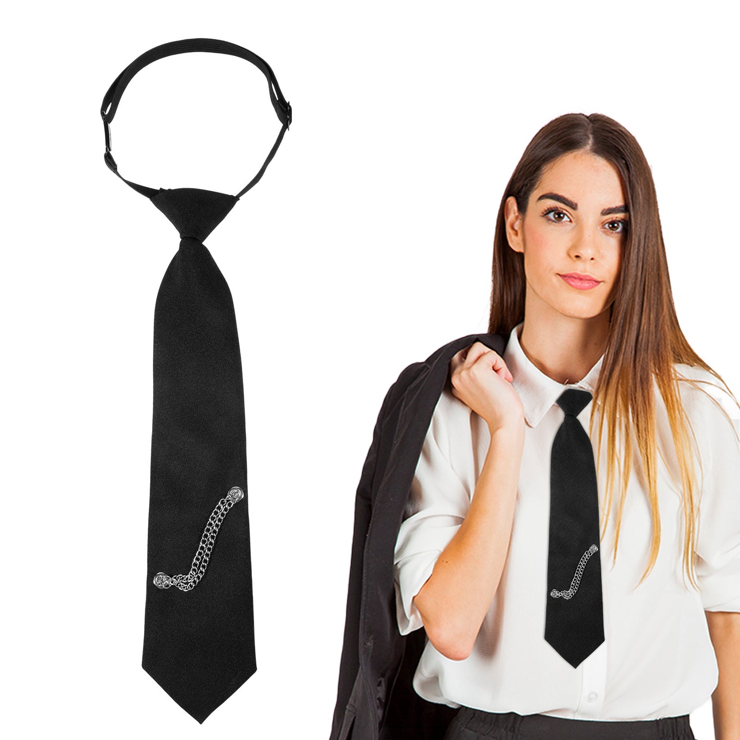 FdcLixuvol Womens Tie with Punk Chain, Black Punk Womens Tie with Metal Chain Pre-Tied Adjustable Necktie Punks Goth Ties for Shirt Accessory Cosplay Prom Casual Party