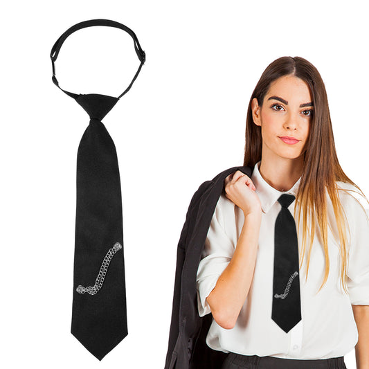 FdcLixuvol Womens Tie with Punk Chain, Black Punk Womens Tie with Metal Chain Pre-Tied Adjustable Necktie Punks Goth Ties for Shirt Accessory Cosplay Prom Casual Party