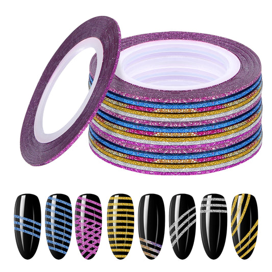 30 Pcs Glitter Nail Art Striping Tape Lines 1mm Self Adhesive Art Stripe Decals Pinstripe Tape Nail Art Decoration Sticker Pin Striping Tape DIY Nail Tools for Women Girls Manicure Decor (66 Foot)