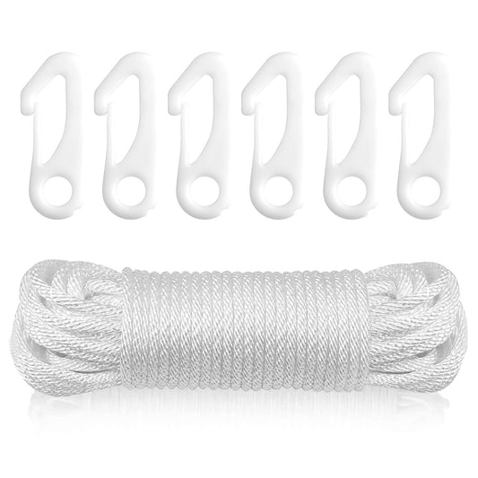 15M 6mm Nylon Flag Pole Rope with 6 Pcs Flag Pole Clips Flagpole Halyard Rope Kit Braided for Flagpole, Camping, Swing, Garden, Clothesline (White)