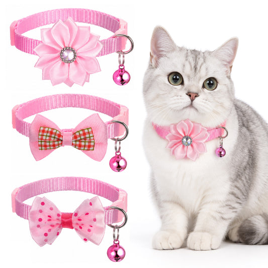 3 Pcs Bowtie Puppy Collar with Bells for Girls, Soft Nylon Extra Small Dog Collar for Tiny Puppy and Cat, Pink Small Dog Collars with Bell & Bow for XXS Xs Pet Girl Dogs Kitten