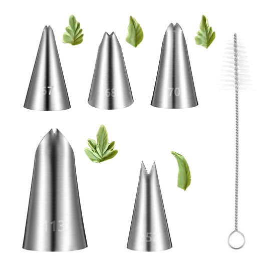 6PCS Leaf Piping Tips Cake Decorating Tips Stainless Steel Piping Tip Leaf Pipings Icing Nozzle Cupcake Decorating Kit Cake Decoratings Tools for Pastry Fondant DIY Baking Tools with Cleaning Brush