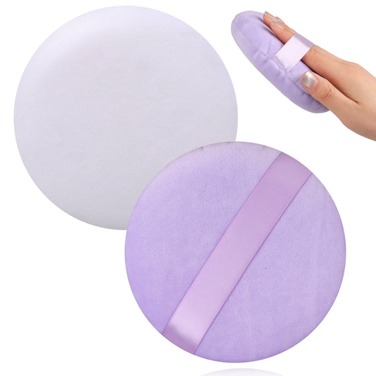 2 Pcs Pressed Powder Puff, Pure Cotton Super Soft Powder Puff Washable Round Powder Pads Compact Powder Puffs 5 inch Makeup Powder Puff for Face (White and Light Purple)