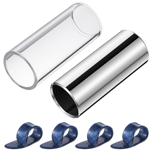 Guitar Slides Set of 1 Glass Slide 1 Steel Slide and 4 Finger Picks for Electric and Acoustic