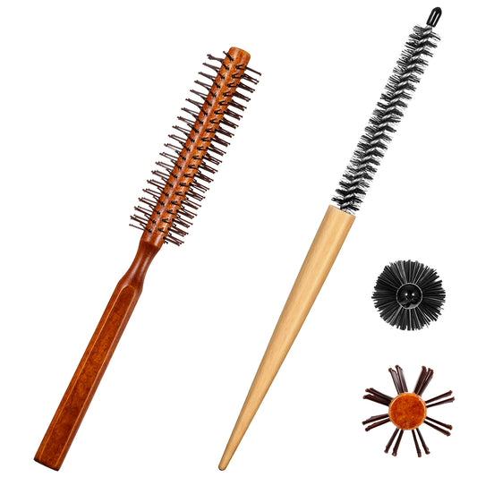 2 Pcs Small Round Hair Brush Nylon Bristle Quiff Roller Hair Brush Wooden Handle Curling Brushes Anti Static Styling Brushes for Men and Women, Blow Drying Volume Curling & Straightening