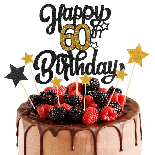 Happy 60th Birthday Cake Topper Glitter Black Gold Cheers to 60 Years Cake Decorations with Star Picks Happy 60 Years Old Birthday Sign Cakes Gift Plugin Anniversary Party Cakes Decorations Supplies