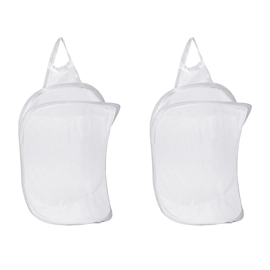 2 Pieces Hanging Laundry Hamper Mesh, Small Wall Laundry Baskets, Space-Saving Foldable Mesh Hamper for Store Cloth, Camping, Hotel Use (White)