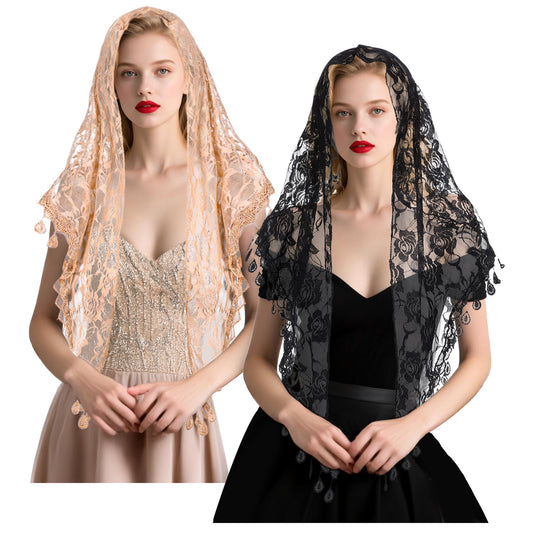2 Pcs Mantilla Catholic Chapel Veils, Triangle Veil Cathedral Head Covering Triangle Lace Tulle Scarf Covering for Women Latin Mass Veils Church Headband Floral Headwrap for Wedding (Black, Khaki)
