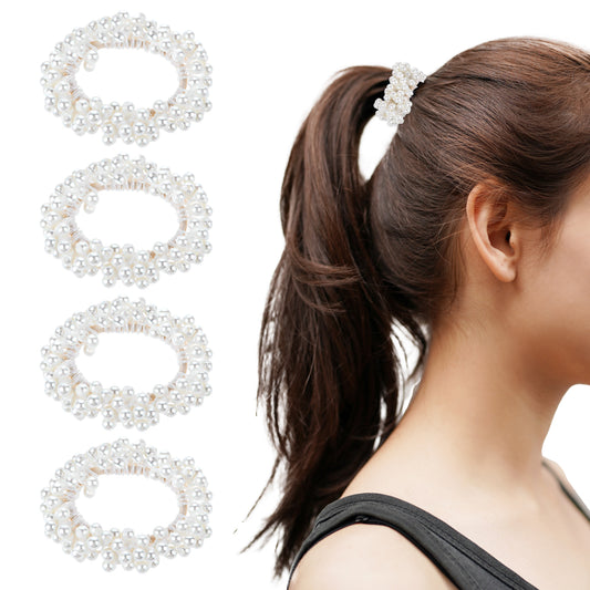Pearl Hair Ties, 4 Pcs White Pearl Hair Scrunchies Elastic Anti-slip Ponytail Holder Hair Ropes Decorative Boho Hair Accessories for Women and Girls Wedding Holiday Prom Daily