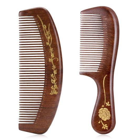 2 PCS Wooden Hair Comb, Wooden Comb for Hair Women Natural Sandalwood Combs Anti-Static Detangling Wood Combs for Wet, Dry Curly, Thin, Thick, Wavy, Straight Hairs