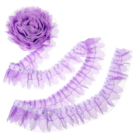 2-Layer Purple Lace Ruffle Ribbon 2 Inch, 5 Yards Double-Layer Pleated Chiffon Lace Ruffle Trim, Organza Pleated Edge Purple Ribbon Gathered Fabric Trimming for Sewing DIY Crafts Dress Headdress