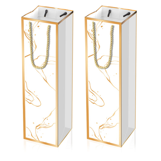 2 PCS Luxury Wine Gift Bags, White Wine Bottle Gift Bags with Gold Foil Print, Reusable Liquor Bag with Handles, Elegant Champagne Bag for Wedding Party Anniversary Birthday Christmas Holiday