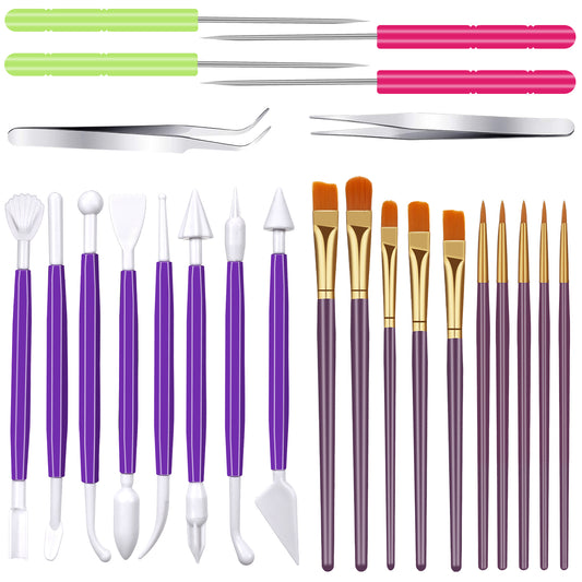 24 Pcs Cookie Decorating Tool Set Cake Decorating Pastry Brush Fondant Tools Include Sugar Stir Needle Cookie Scriber Needles Modeling Tool Elbow and Straight Tweezer for Cake Fondant Accessories