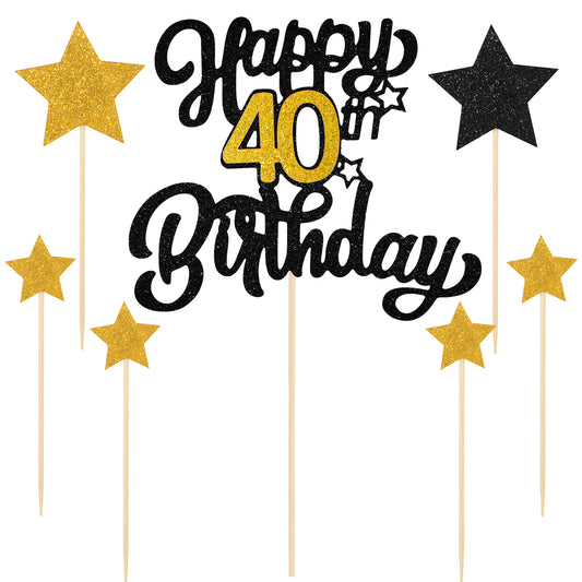 Happy 40th Birthday Cake Topper 40th Happy Birthday Cake Topper Black Gold Glitter Cheers to 40 Years Birthday Cake Pick 40th Anniversary Cake Topper for Birthday Party