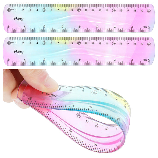 2 Pcs Flexible Ruler Shatterproof Plastic Long Soft Ruler Bendable Straight Gradient Colour Drafting Tools Stationery With Centimeter and Inch for School Classroom Office