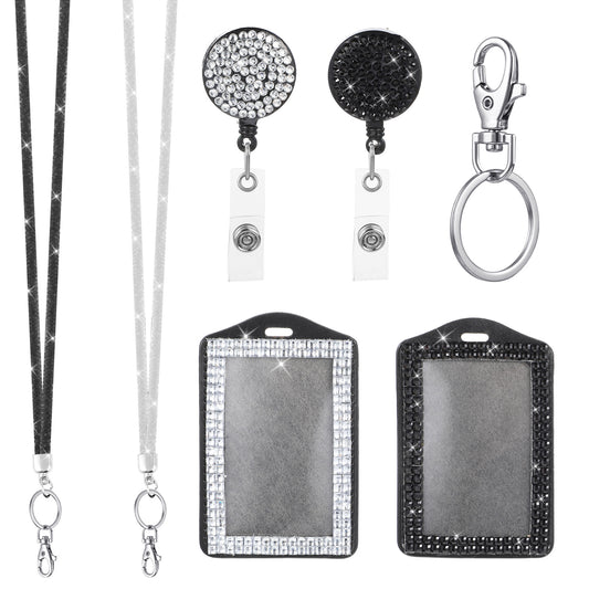 2 PCS Rhinestone Bling Lanyard with Id Badge Holder, Rhinestone Lanyard for Diamond Crystal Id Card Holder Crystal Retractable Badge Reel Neck Lanyard with Metal Clasp Key Ring for Women, White, Black