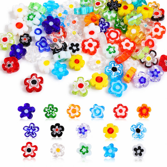 120 Pcs Assorted Lampwork Glass Beads, 8mm Glass Flower Beads Small Colors Flat Flower Loose Bead Spacer Bead for Jewelry Making Bracelet Necklace DIY Crafts (Mixed Color)