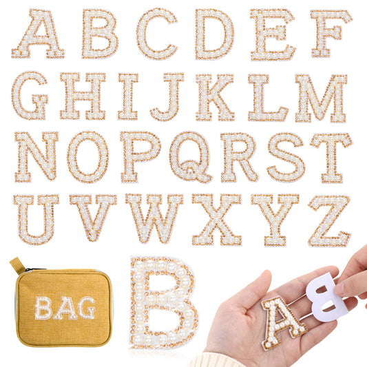 26PCS Self Adhesive Pearl Rhinestone Letter Patches, A-Z Glitter Alphabet Pearl Patches Colorful Pearl Bling Patch Glitter Alphabet Appliques Initial Letter Sticker for DIY Craft Supplies, Gold