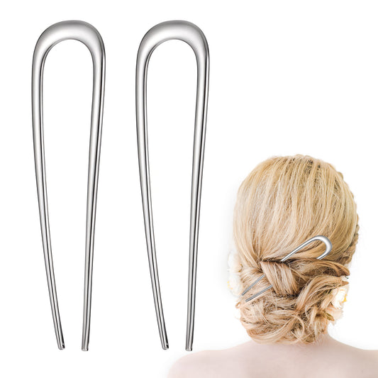 2 PCS French Hair Pins U-Shaped Large Metal Hair Pins 2 Prong Hair Fork for Women French Twist Hair Pin Hair Bun Accessories for Thick Fine Hair 5.51x 1.38inch, Silver
