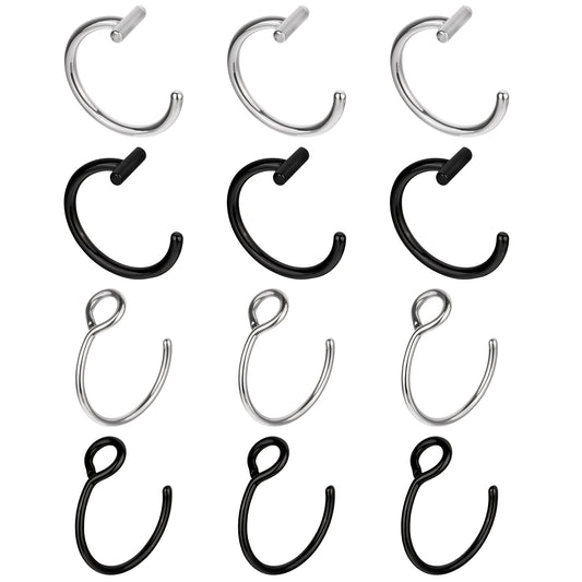 Psyqtsuary Fake Lip Ring, 12 Pcs Stainless Steel Fake Lip Piercing 8mm Fake Nose Ring Clip On Nose Ring Ear Cuffs Non Piercing Jewelry for Women Men (Silver, Black)