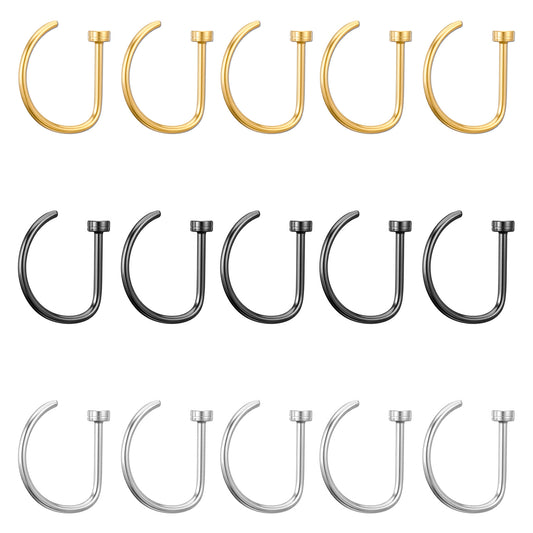 Skrfren 15 PCS Nose Rings Hoop 20g 8mm, D Shaped Fake Nose Ring Hoops Set Stainless Steel Noses Piercing Jewelry Faux NoseRings NoseHoops, Fake Lip Hoop Rings Septum Ring for Women, Silver Gold Black