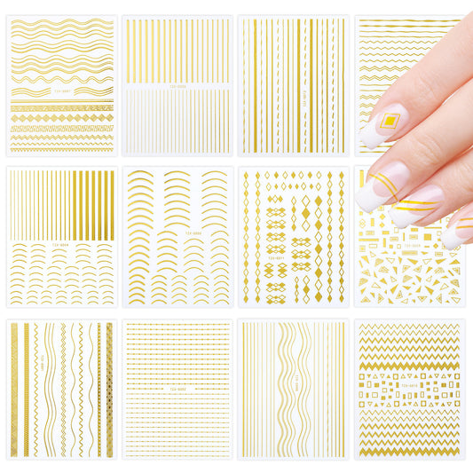 24 Sheets Gold Nail Stickers Decals Metallic Line Nail Decals 3D Self Adhesive Metal Stripe Wave Nail Sticker Manicure Nail Art Stickers Metallic Curve Strip Line Nail Decal for Women Nails Decor