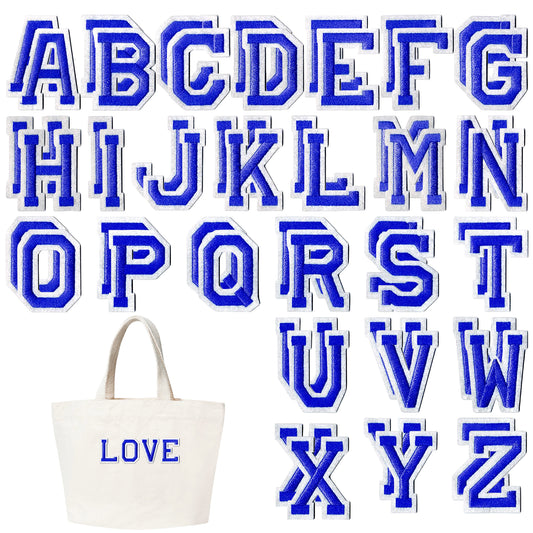 Iron on Letters for Clothes, 52 Pcs Iron on Letter Patches Alphabet A-Z Embroidered Patches with Ironed Adhesive Fabric Letters for Sewing Jackets, Coats, Shirts, Hats, Bags, Jeans (Blue)