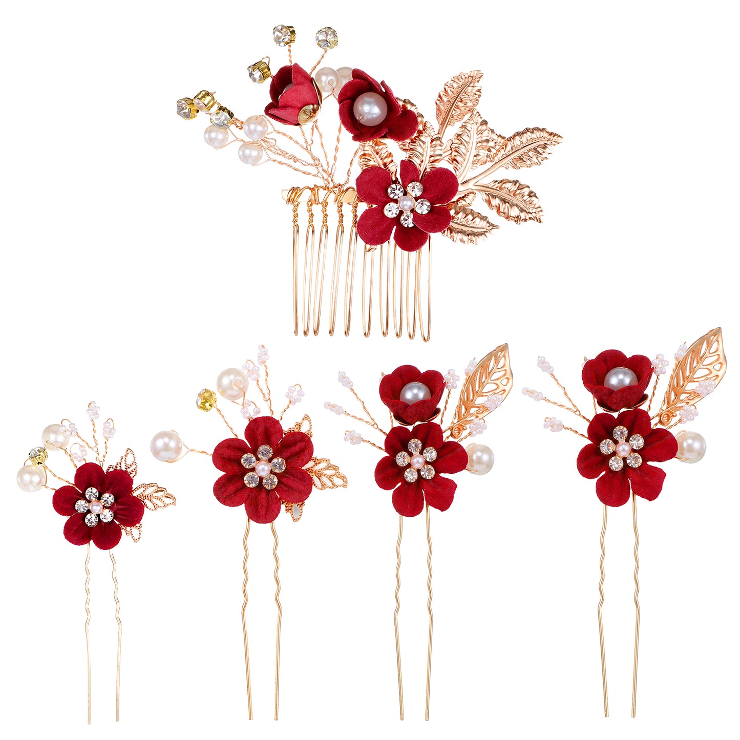 5 Pcs Bridal Flower Wedding Hair Pins, Burgundy Hair Accessories Crystal Pearl Rhinestone Red Prom Hairs Accessories Wedding Hairs Piece for Brides Bridesmaids Women Updo