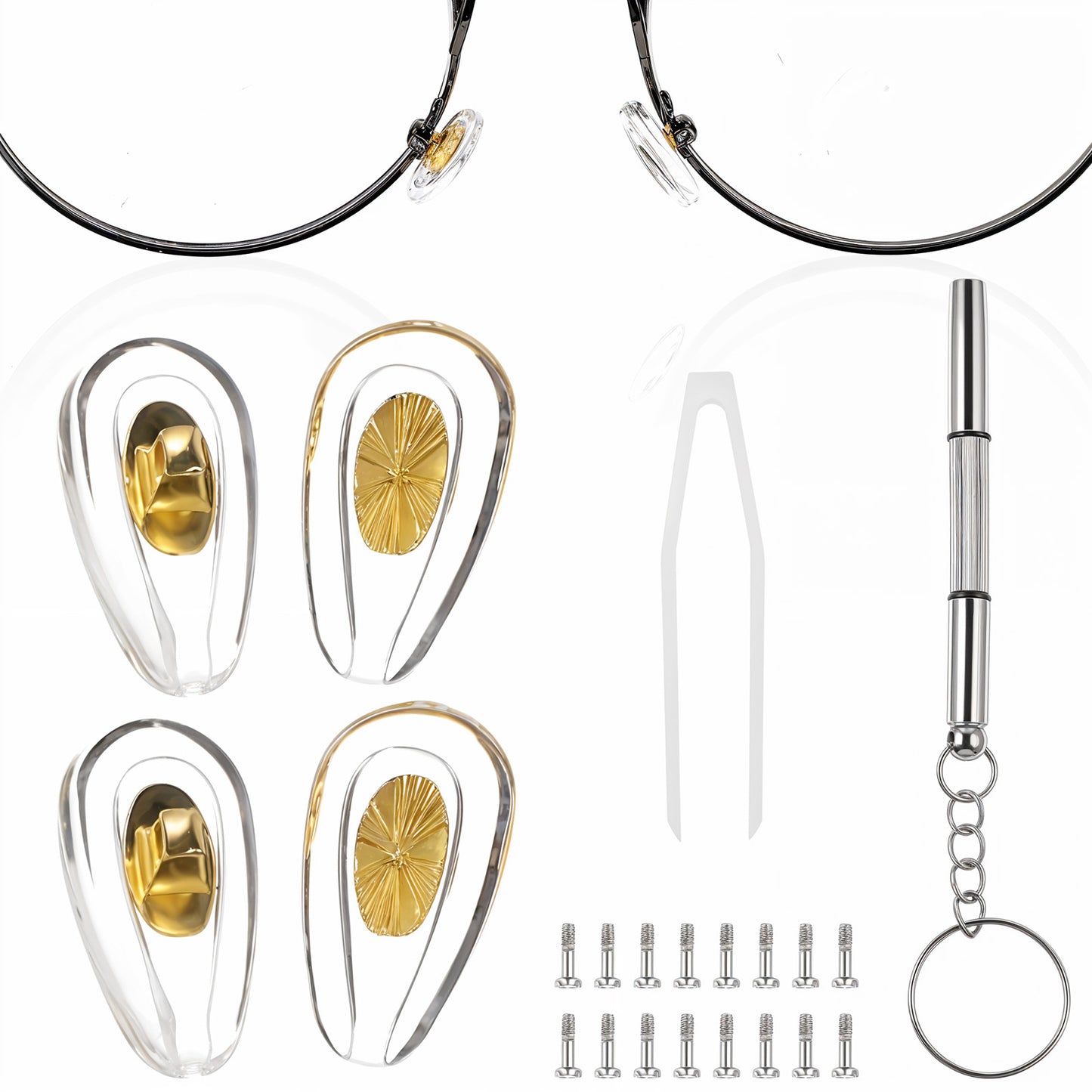 Soft Silicone Eyeglass Nose Pads, 6 Pairs Screw-in Eyeglass Nose Pads Metal Core Air Chamber Glasses Nose Pads lasses Nose Pads Replacement Kit with Micro Screw and Screwdriver (Gold)