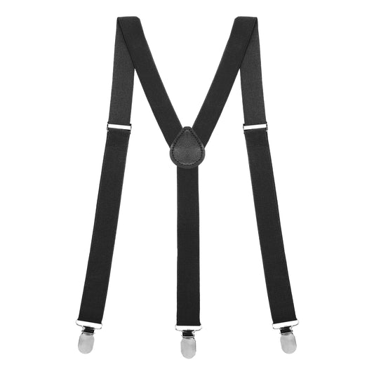 Black Suspenders for Men Y Shape Suspender Set with 3 Strong Clips Adjustable Braces, Y Shape with Strong Clips Adjustable Elastic Solid Color 1 Inch Wide Yshape Costume Suspenders, Black 1 Inch