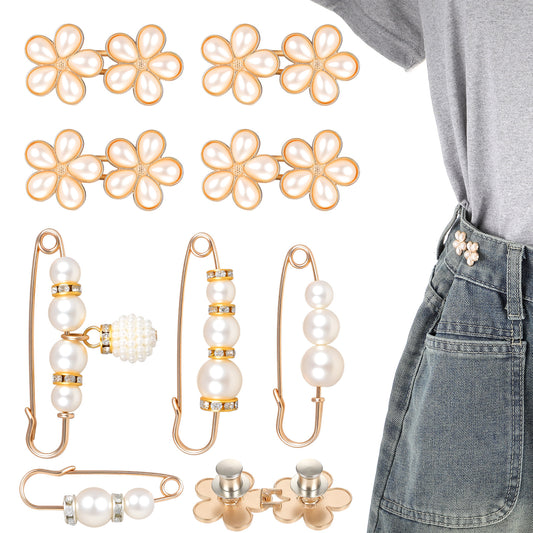 8Set Pant Waist Tightener, Decorative Safety Pins Reusable Metal Pearl Brooch for Clothing Dresses Skirts Pearl Buttons Pins for Loose Jeans Waist Cincher Clip No Sewing Required Pants Clip Waists
