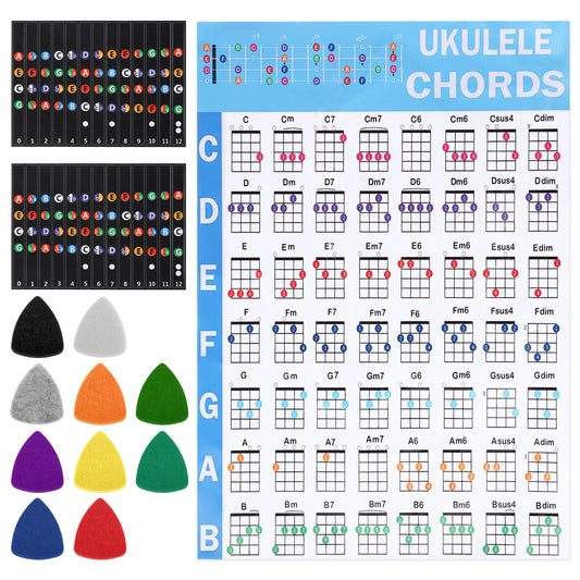 Ukulele Chord Chart, Ukulele Fretboard Stickers Color Coded Note Decals with 10 Color Ukulele Picks Ukulele Learning Tools for Beginners Practice
