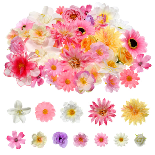 KALIONE Samll Fabric Flowers, 50 PCS Mini Silk Flower Heads Mini 3D Fake Flowers Pink Rose Artificial Flower Heads for Birthday Wedding Hair Cap Dresses Cake DIY Crafts Decorations