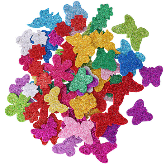Glitter Foam Flower and Butterfly Shapes Stickers Self-Adhesive Foam Stickers Glitter Arts Crafts Poster Board Decorating Supplies for DIY Scrapbooking Greeting Cards Creative Decoration, About 80PCS