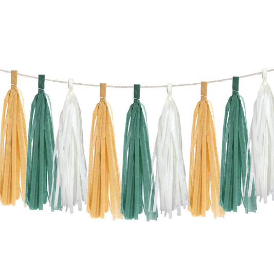 15PCS DIY Tissue Tassel Garland Olive Green Kraft Tan Brown Cream Neutral Party Banner for Greenery Safari Jungle Woodland Bridal Shower Birthday Classroom Décor and Home Decoration