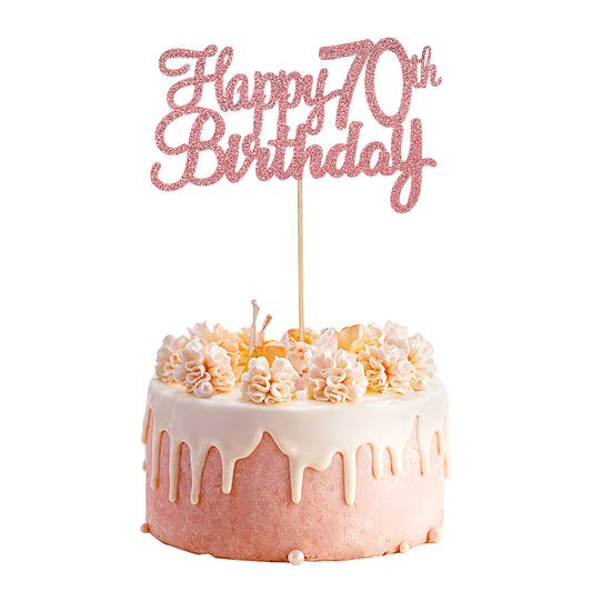 70th Birthday Cake Topper, 1 Pcs Glitter Rose Gold Happy Birthday Cake Topper 70 Years Old Birthday Cake Pick for Happy 70th Birthday Decorations Celebrating Anniversary Party Supplies