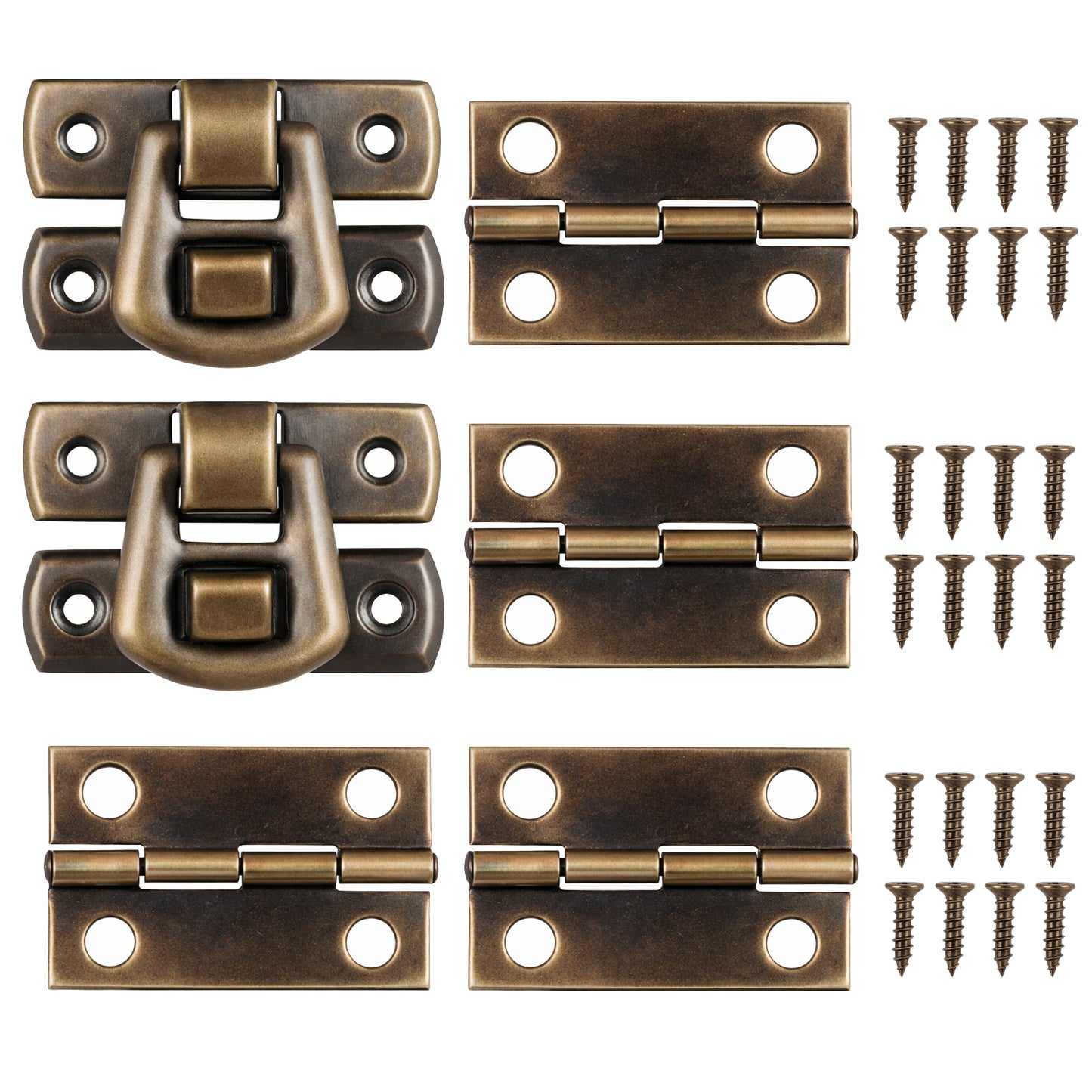 Antique Bronze Hasp Latch Hook and Hinge with Matching Screws Kit, 2X Hasp Catch + 4X Hinges for Decorative Cabinet Jewelry Box Suitcase DIY Crafts